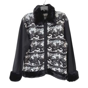 Pronto Gold Sequin Camo Faux Fur Collar‎ Trim Sweater Jacket Black Wool Blend M